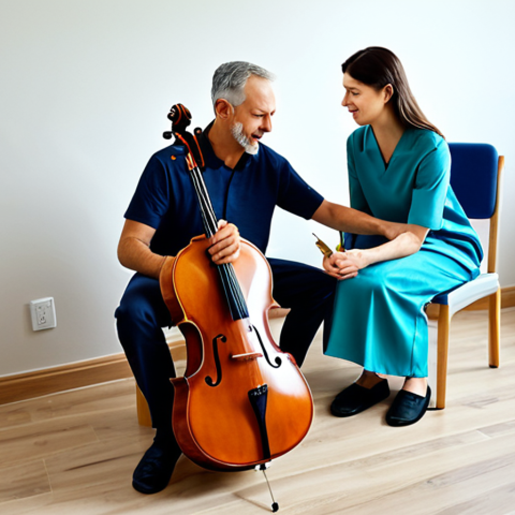 **
"A professional music therapist, fully clothed in modest attire, conducting a therapy session with a patient in a calm and peaceful room. The patient is playing a musical instrument. Focus on the therapeutic environment. Safe for work, appropriate content, perfect anatomy, professional setting, family-friendly."
**