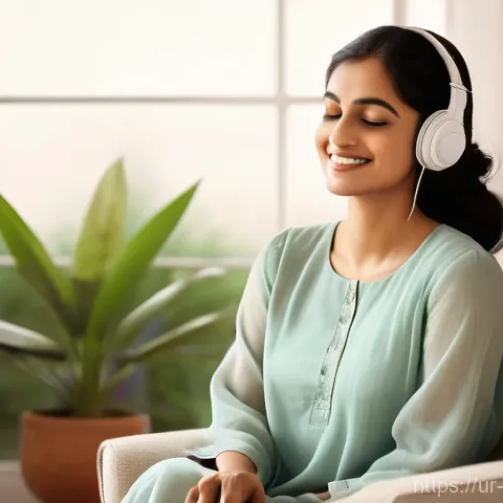 음악테라피사 취업 동향 - **Prompt:** A serene and calm indoor scene depicting an adult woman (30s-40s, South Asian ethnicity)...