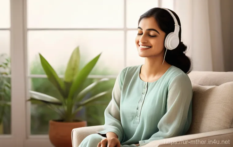 음악테라피사 취업 동향 - **Prompt:** A serene and calm indoor scene depicting an adult woman (30s-40s, South Asian ethnicity)...