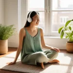 음악테라피사 치료 이론 - **Prompt:** A young woman, in her mid-20s, with a serene expression, sitting comfortably on a plush ...