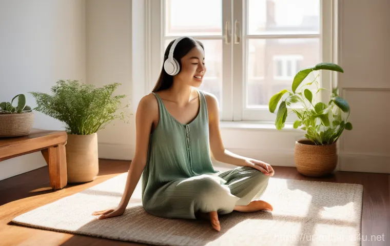 음악테라피사 치료 이론 - **Prompt:** A young woman, in her mid-20s, with a serene expression, sitting comfortably on a plush ...